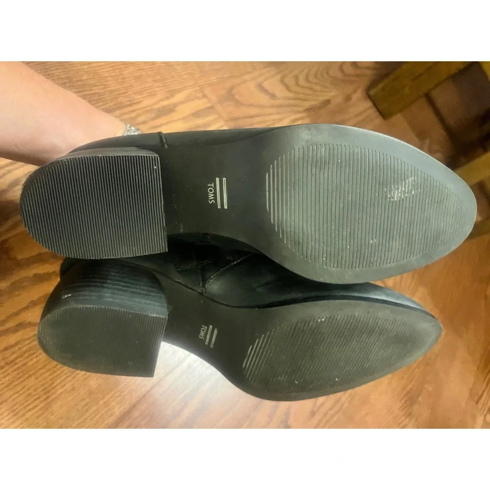 Toms Marina Black Leather Ankle Boots Almond Toe Block Heel Womens 9
